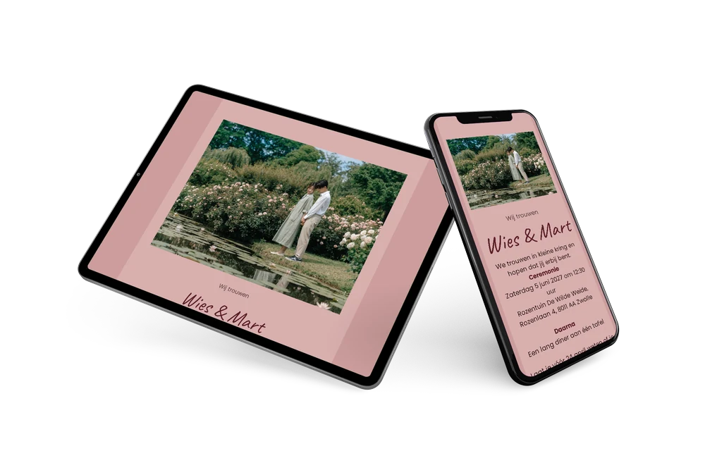 Roze trouwkaart met waterlelies online versturen &ndash; example 2