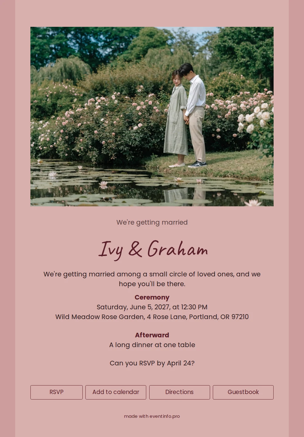 Send a dusty rose garden wedding invitation &ndash; example 1