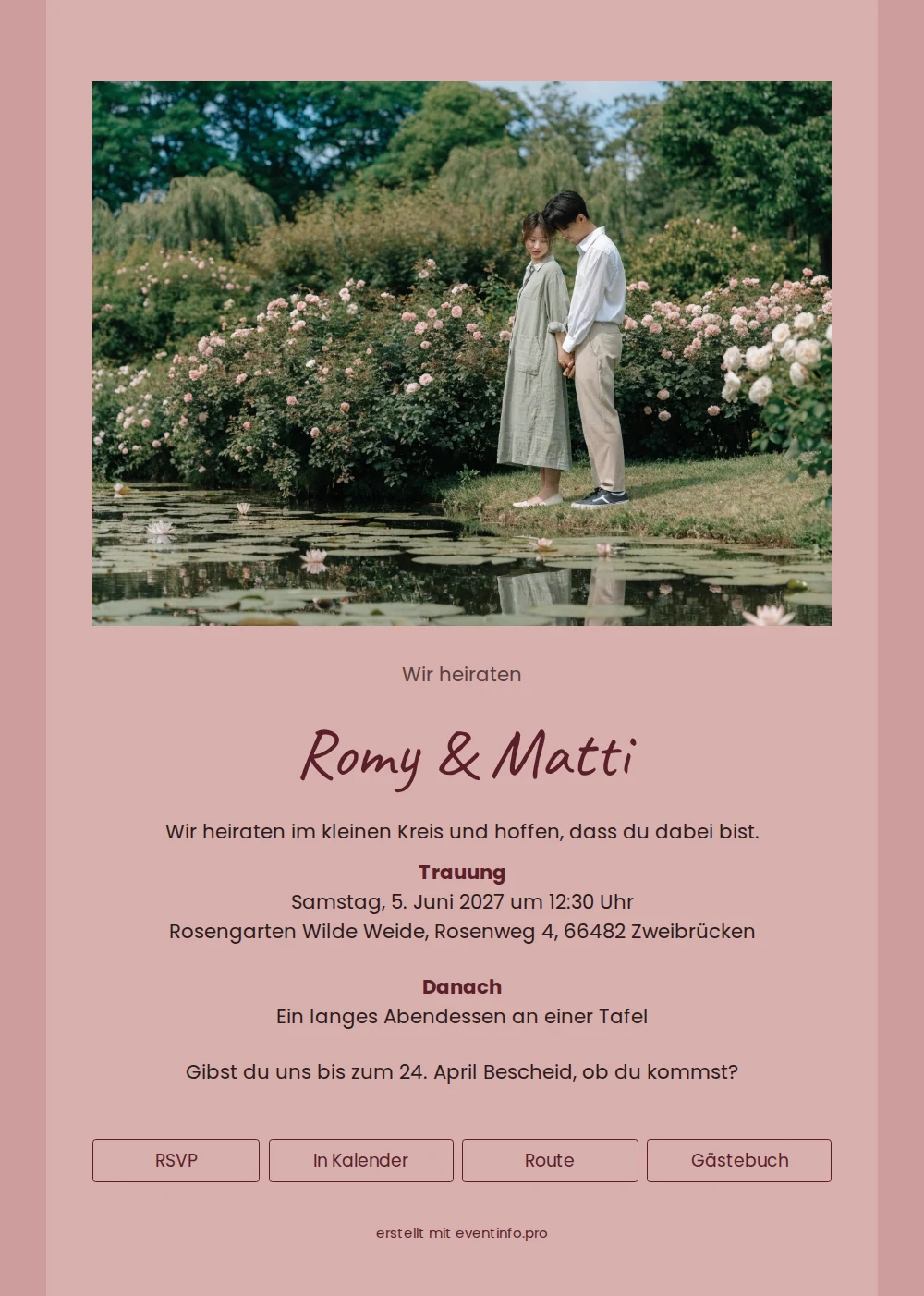 Rosa Hochzeitseinladung mit Paarfoto online versenden &ndash; example 1