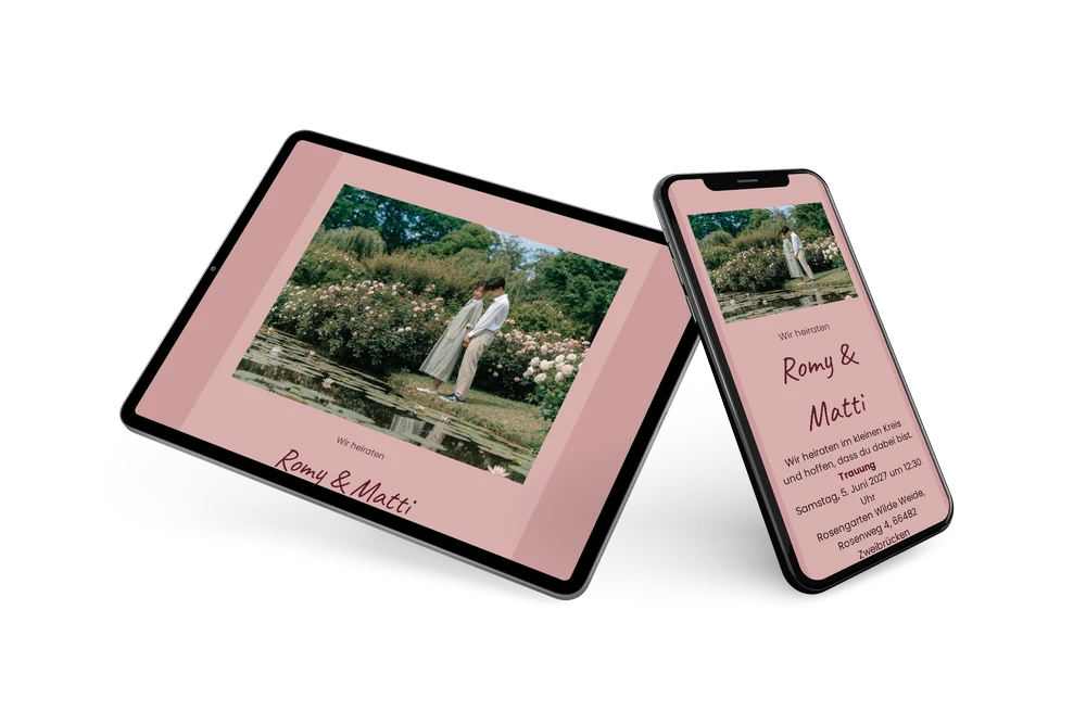 Rosa Hochzeitseinladung mit Paarfoto online versenden &ndash; example 2