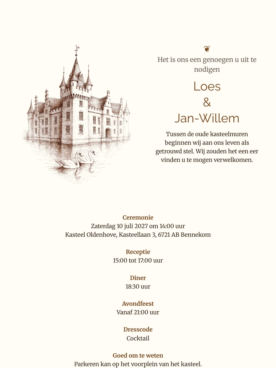 Roomwitte trouwkaart met kasteel en zwanen