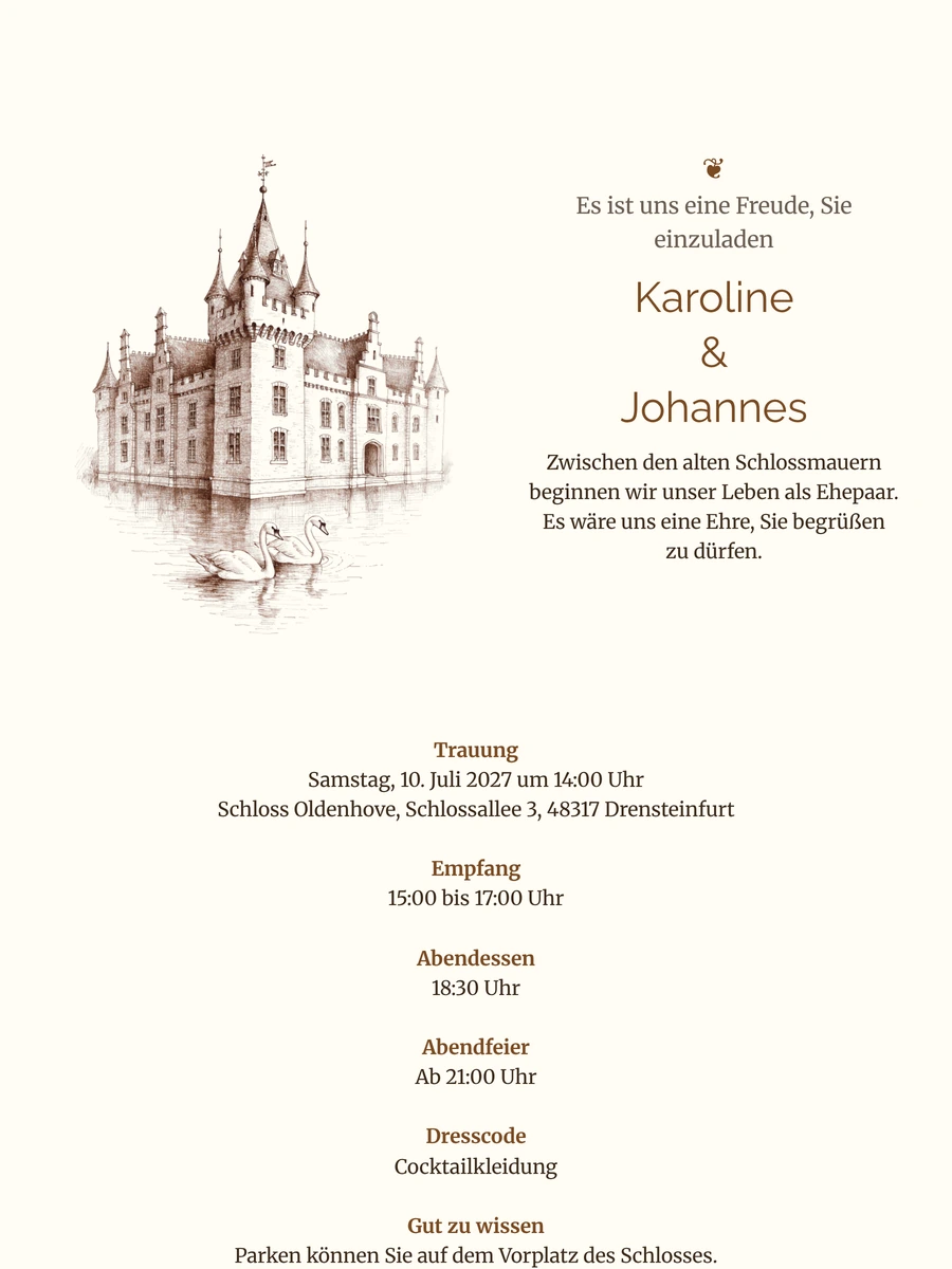 Hochzeitseinladung mit Schwanenschloss in Sepia versenden