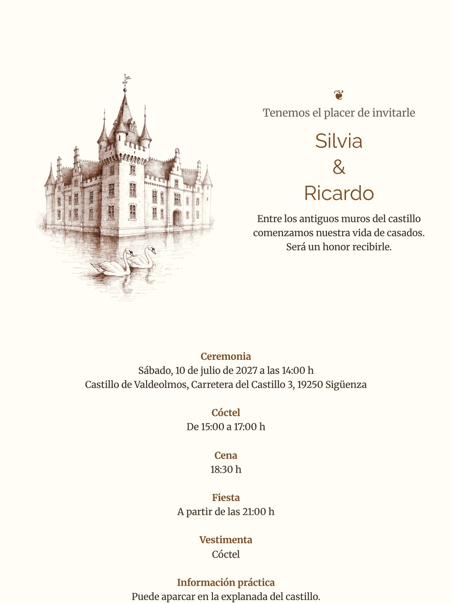 Enviar invitación de boda con castillo sepia