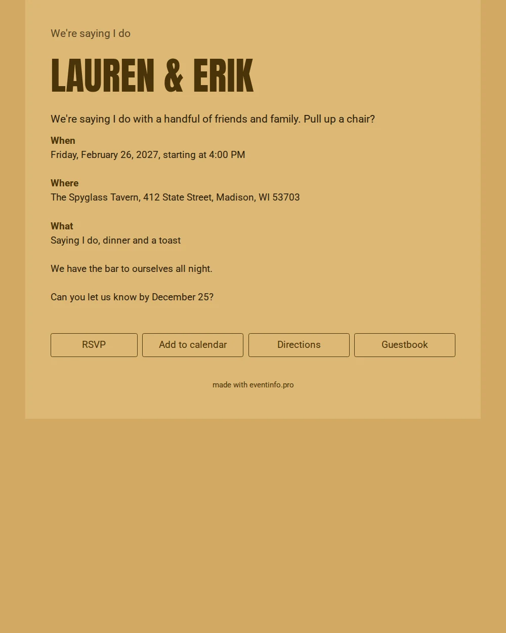 Warm yellow invitation for an intimate wedding &ndash; example 1