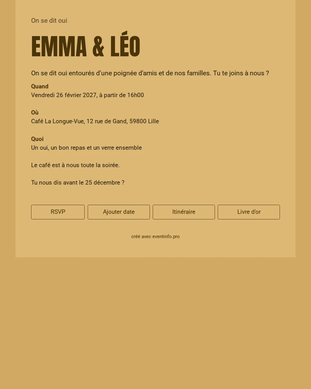 Faire-part jaune ocre pour un mariage intime &ndash; example 1
