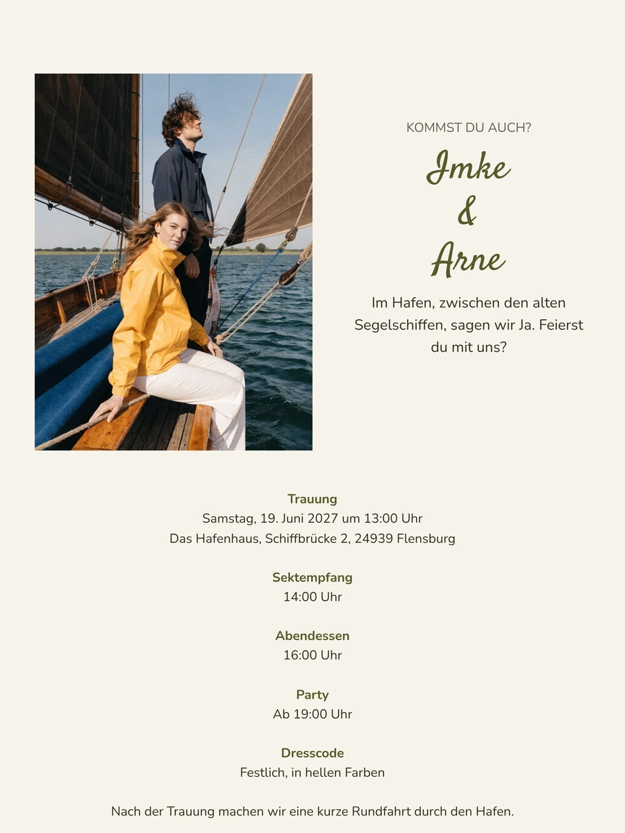 Weiße Hochzeitseinladung mit Segelschiff und Olivgrün