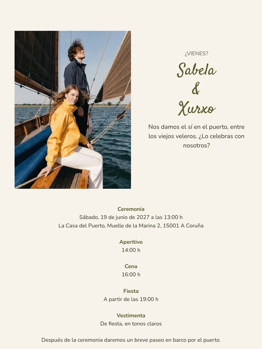 Invitación de boda blanca y verde oliva