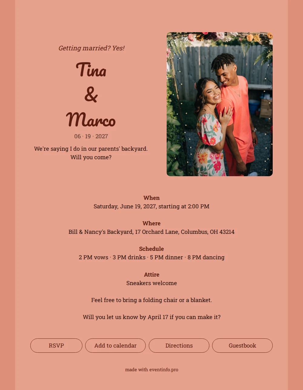 Send a backyard wedding invitation with garlands &ndash; example 1