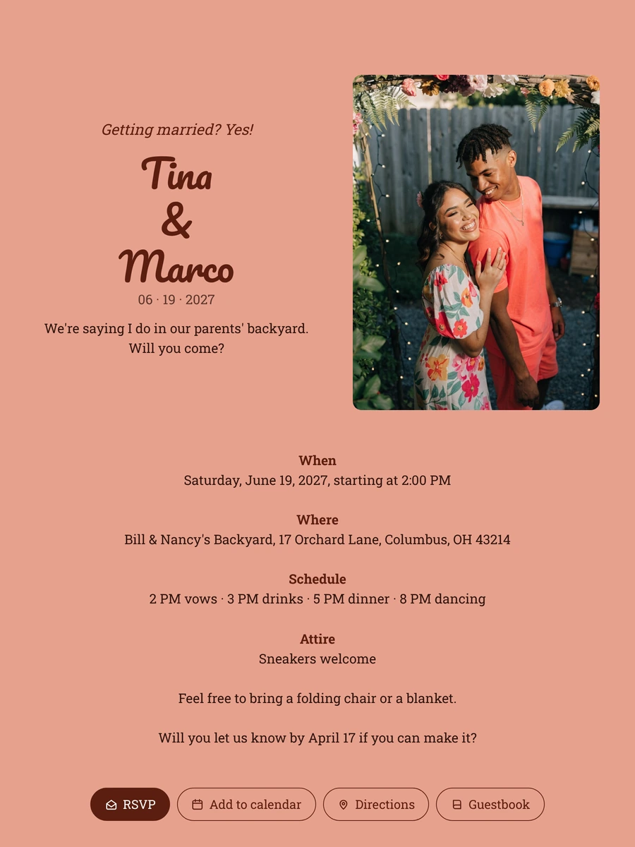 Send a coral backyard wedding invitation