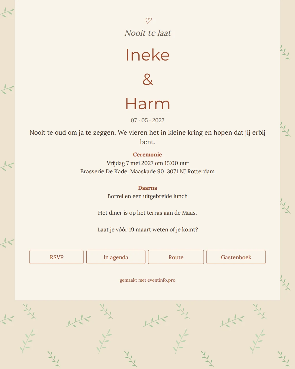 Olijftakken op crème: trouwkaart voor kleine kring &ndash; example 1
