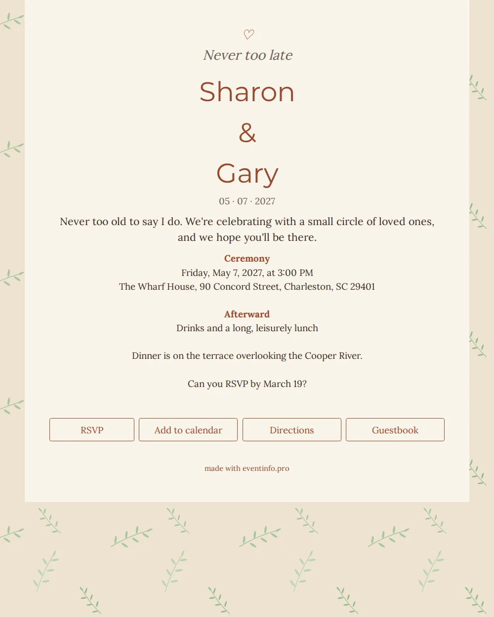 Olive-framed cream invitation for intimate weddings &ndash; example 1