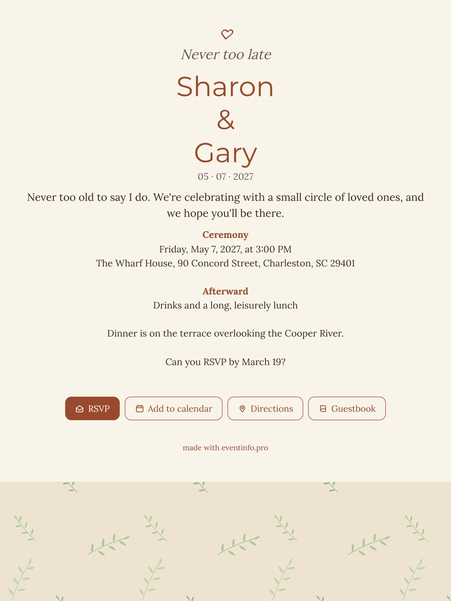 Olive-framed cream invitation for intimate weddings