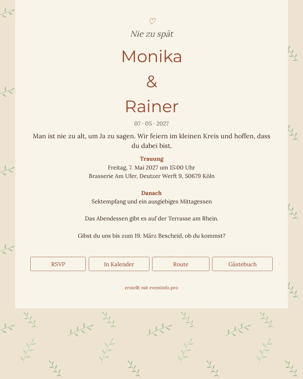 Olivenzweig-Hochzeitseinladung in Creme und Terrakotta &ndash; example 1
