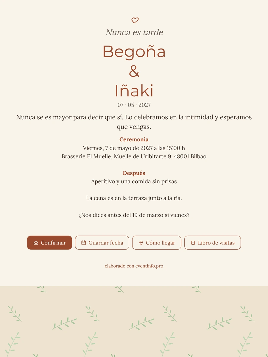 Invitación con olivos para una boda íntima
