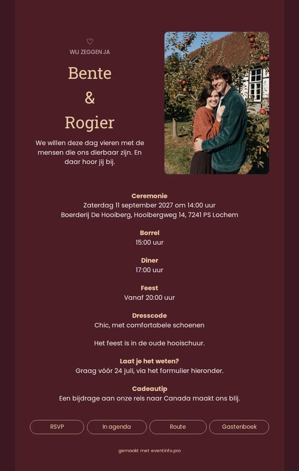 Donkerrode trouwkaart voor een groot boerderijfeest &ndash; example 1