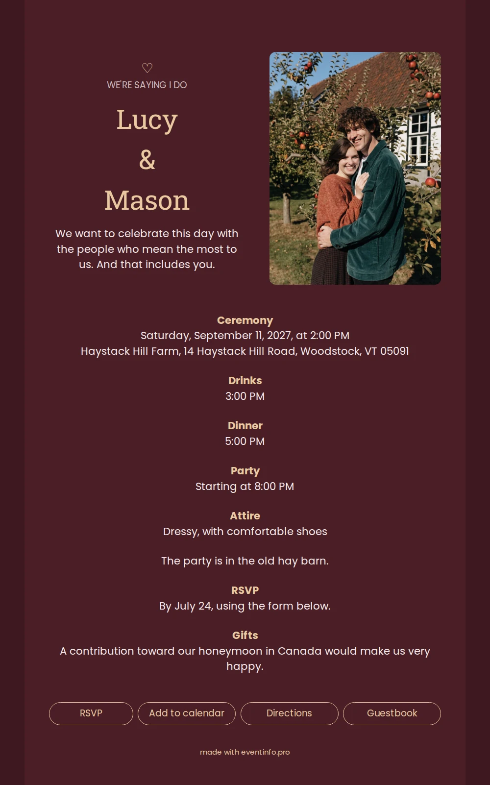 Deep red farm wedding invitation with photo &ndash; example 1