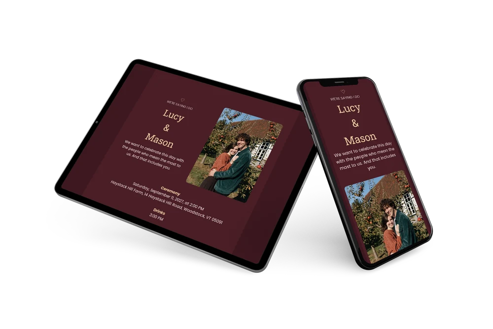 Deep red farm wedding invitation with photo &ndash; example 2