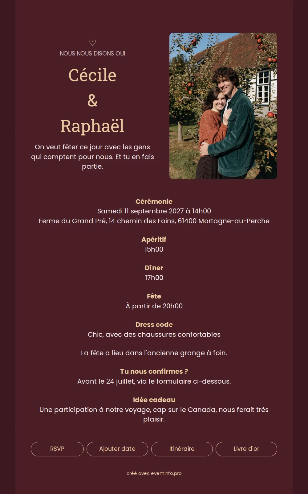 Faire-part bordeaux pour un grand mariage champêtre &ndash; example 1