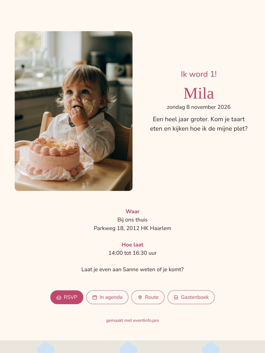 Uitnodiging voor Mila’s eerste verjaardagsfeest
