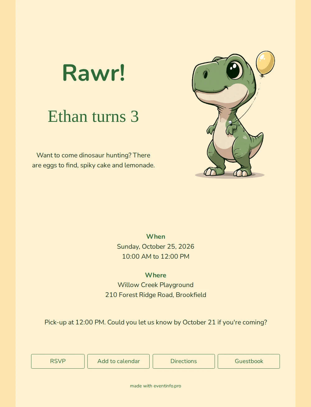 Playful T-rex invitation in warm cream &ndash; example 1