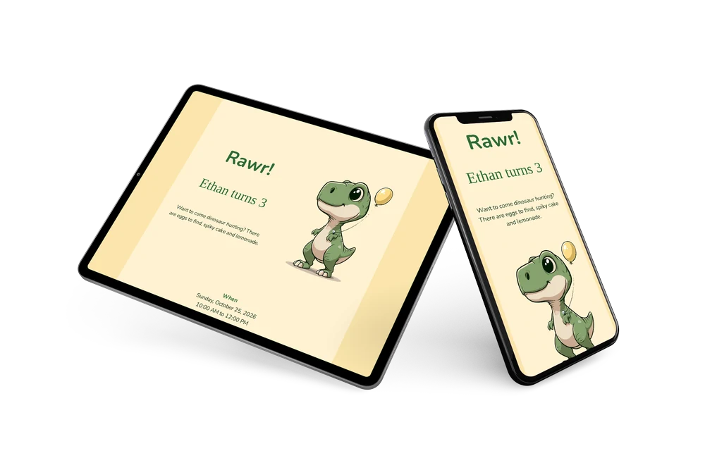 Playful T-rex invitation in warm cream &ndash; example 2