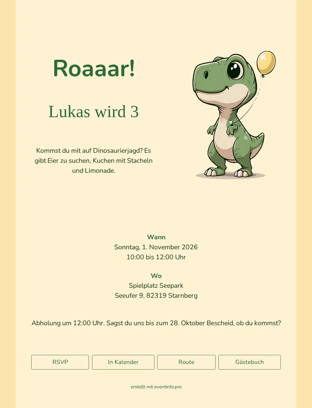 Verspielte T-Rex-Einladung in warmem Creme &ndash; example 1