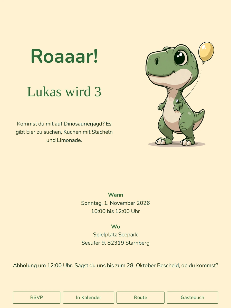 Verspielte T-Rex-Einladung in warmem Creme