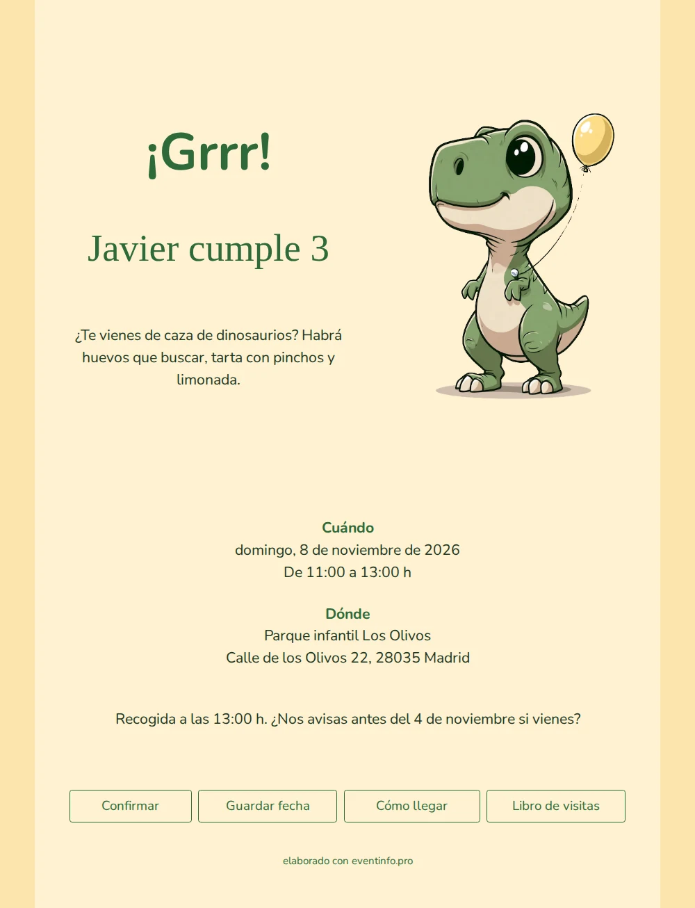 Invitaci&oacute;n divertida de T-rex en tono crema &ndash; example 1