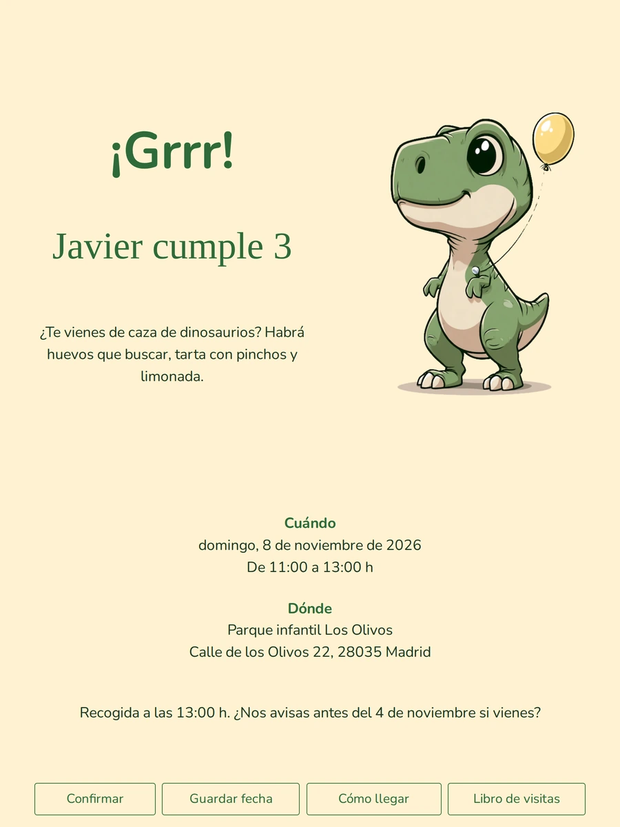 Invitaci&oacute;n divertida de T-rex en tono crema