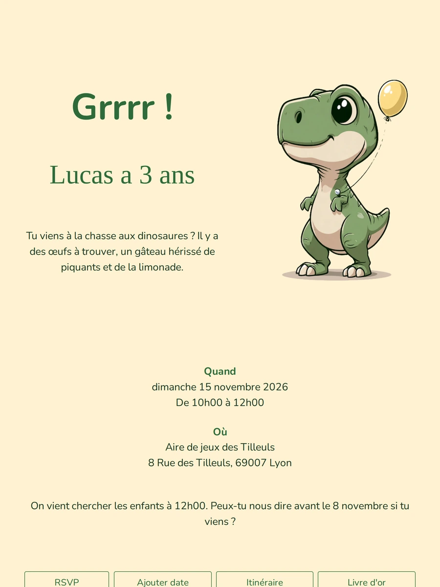 Invitation ludique de T-rex ton cr&egrave;me