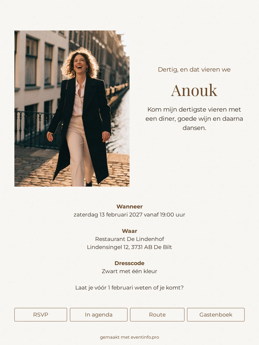 Verfijnde wandelfoto-uitnodiging voor Anouks feest