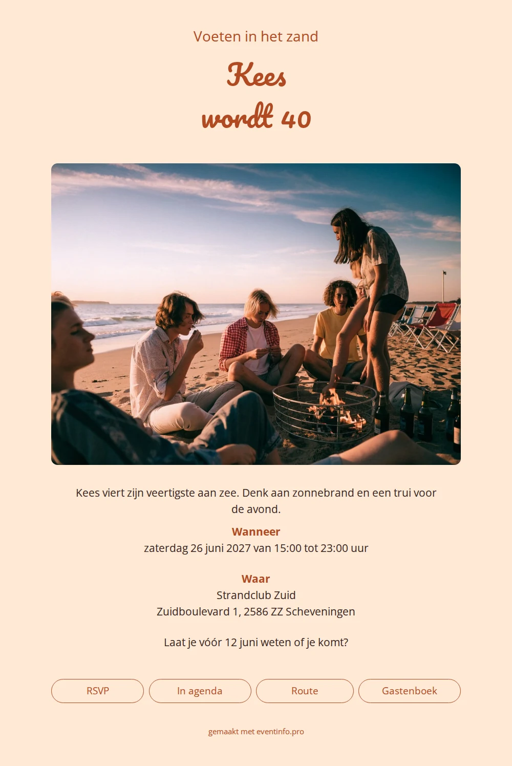 Perzikkleurige strandfoto-uitnodiging voor veertig jaar &ndash; voorbeeld 1