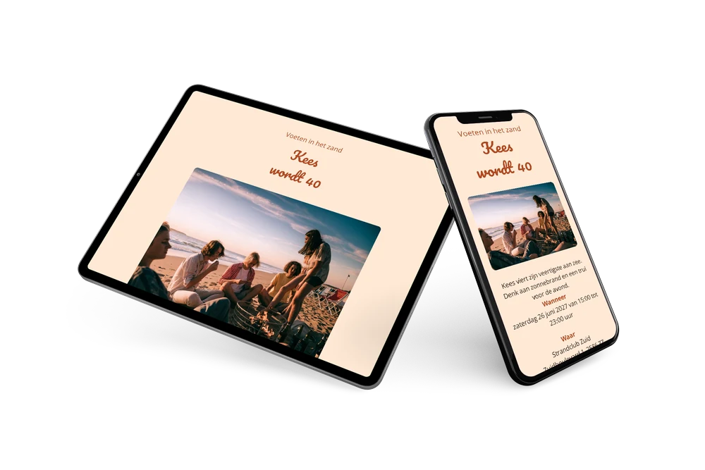 Perzikkleurige strandfoto-uitnodiging voor veertig jaar &ndash; voorbeeld 2