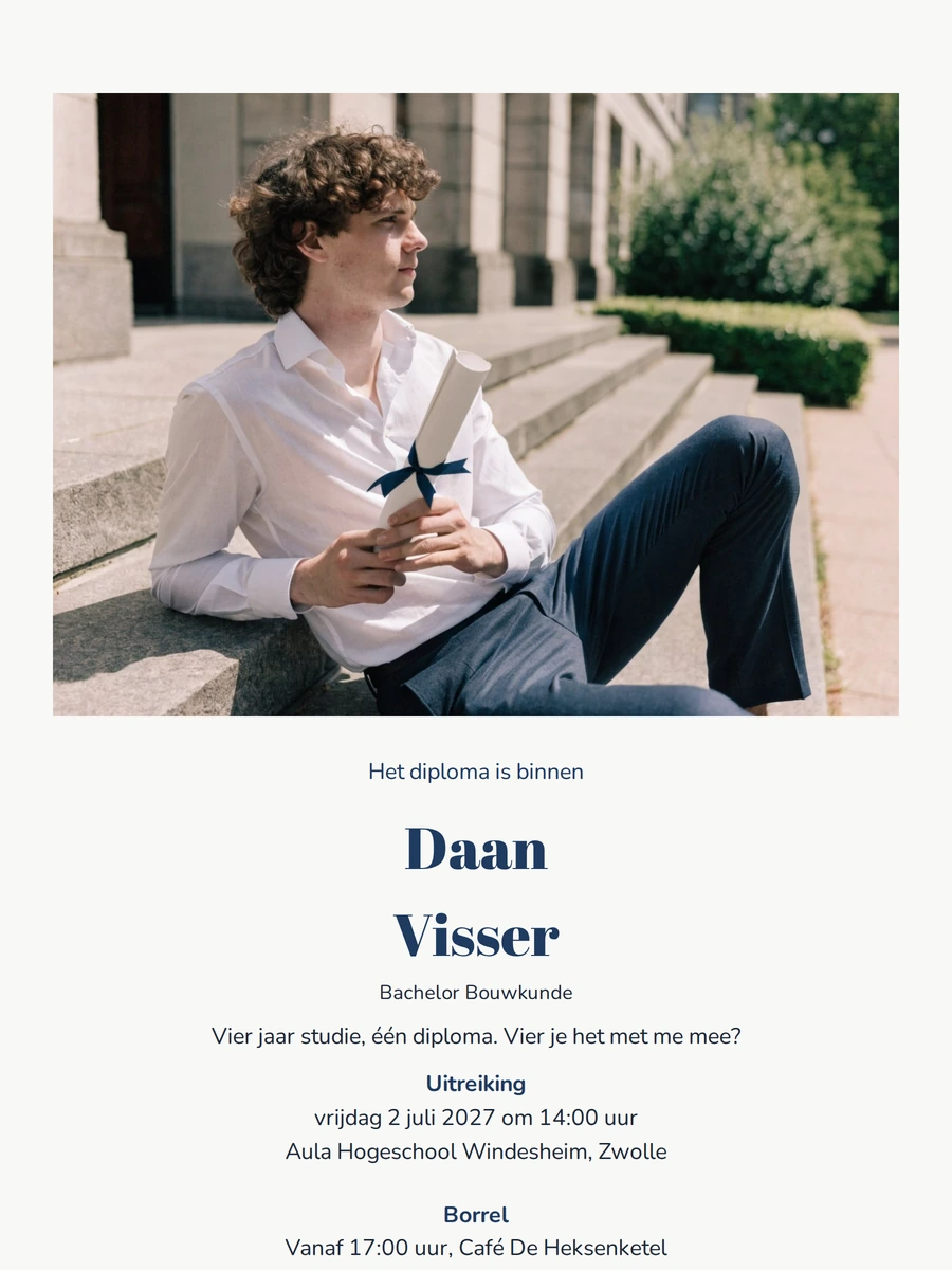 Diplomarol op de trappen voor een borrel