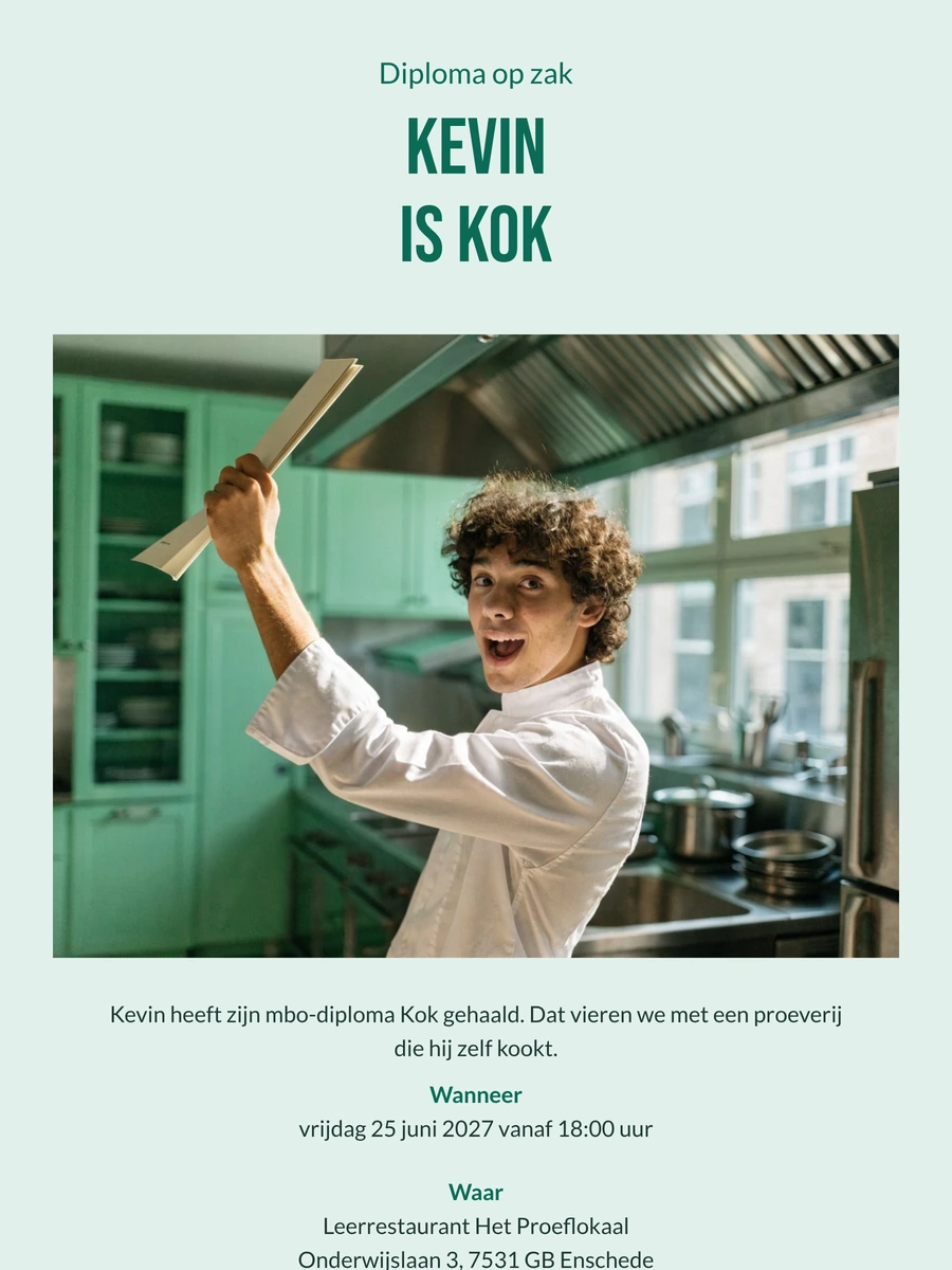 Vrolijke koksuitnodiging in mintgroen met proeverij