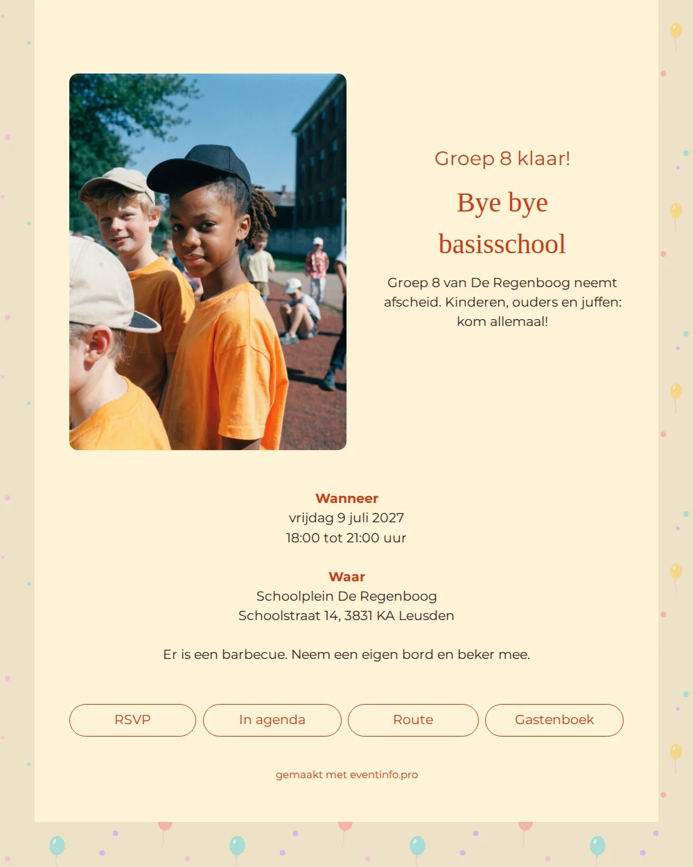 Speelse afscheidskaart met ballonnen en oranje &ndash; example 1
