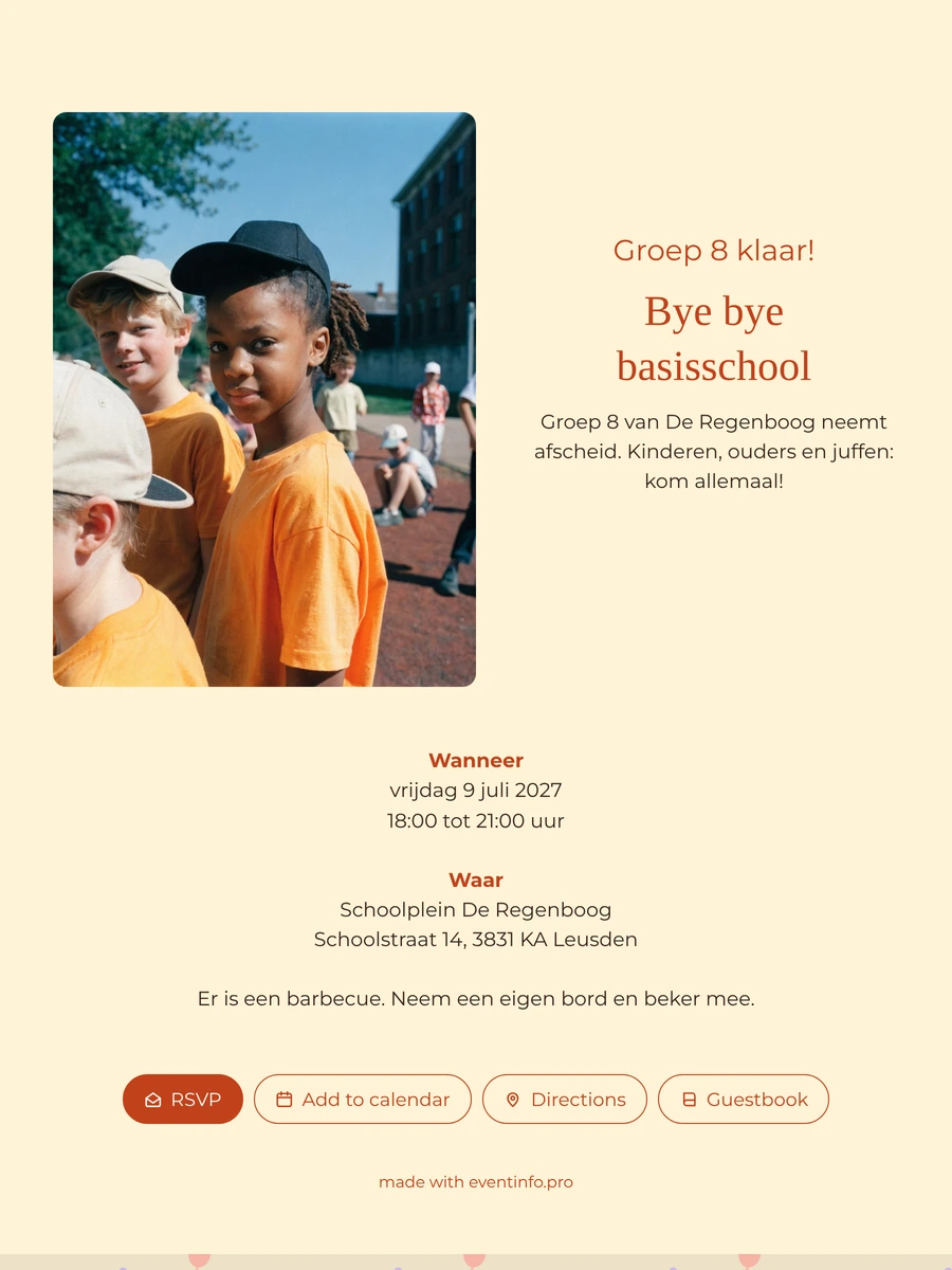 Kleurrijke schoolafscheid-uitnodiging met oranje shirts