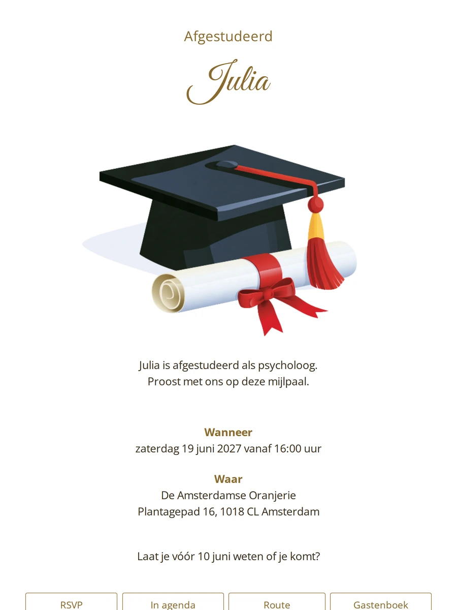 Sierlijke afstudeeruitnodiging met muts en diploma