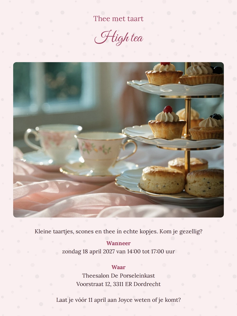 Zachtroze uitnodiging voor een high tea