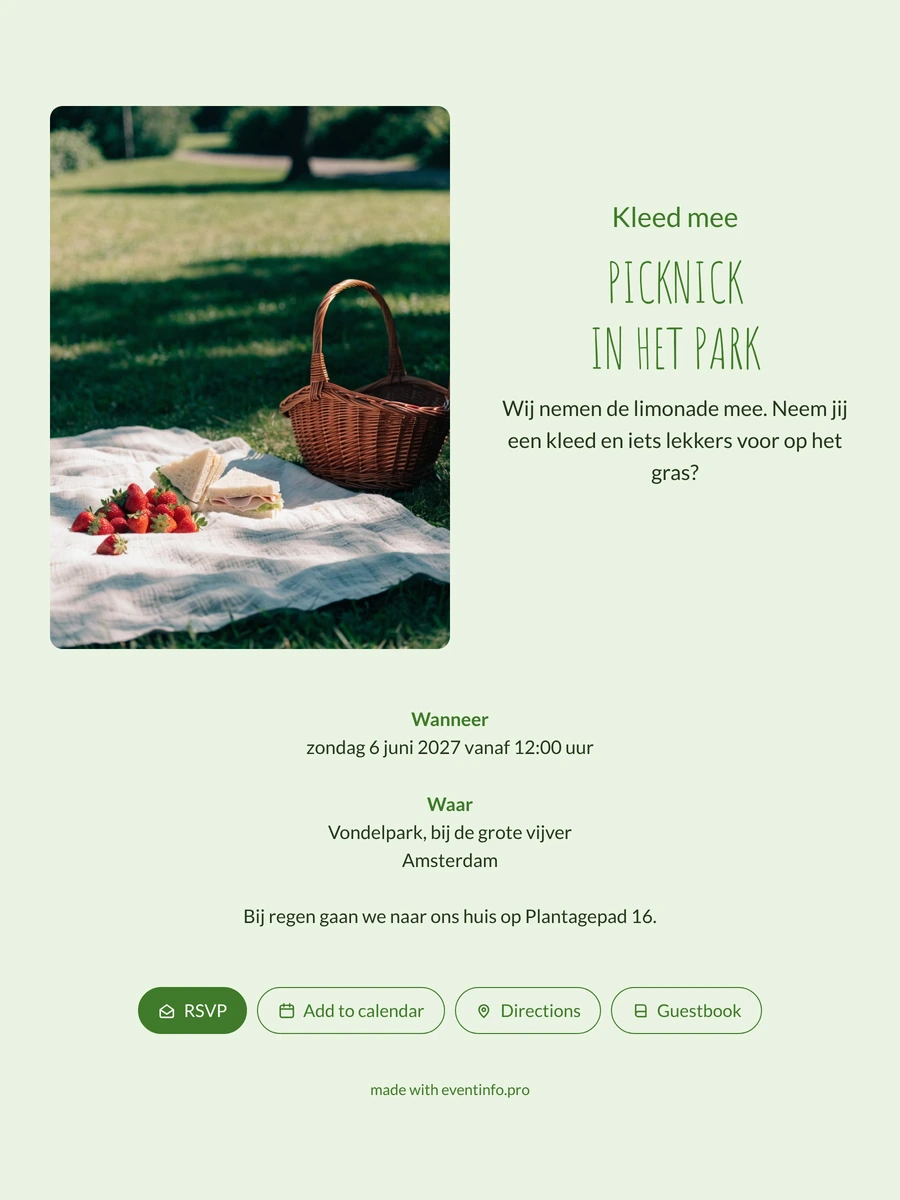 Groene uitnodiging voor een picknick in het park