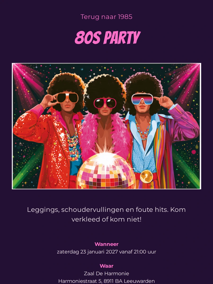 Uitnodiging voor een 80s party met discofoto