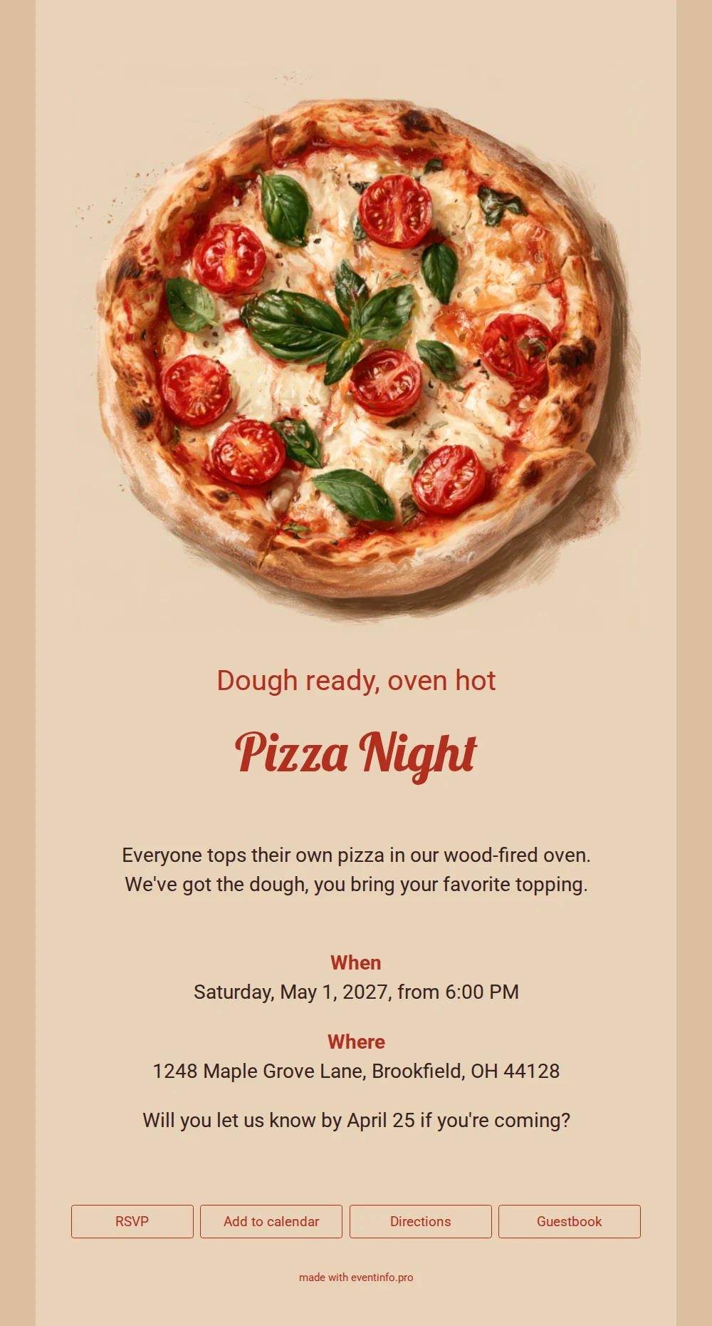 Beige pizza night invitation with basil &ndash; example 1