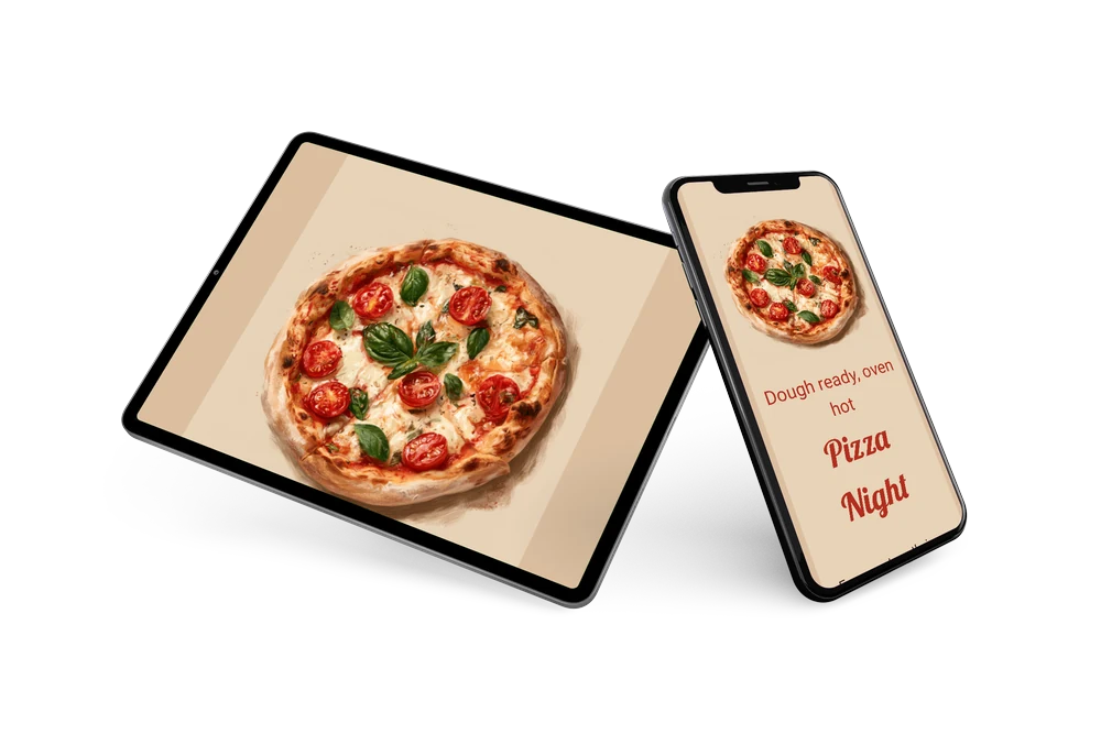 Beige pizza night invitation with basil &ndash; example 2