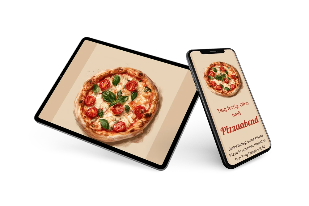 Pizzaabend-Einladung mit roter Überschrift und Basilikum &ndash; example 2