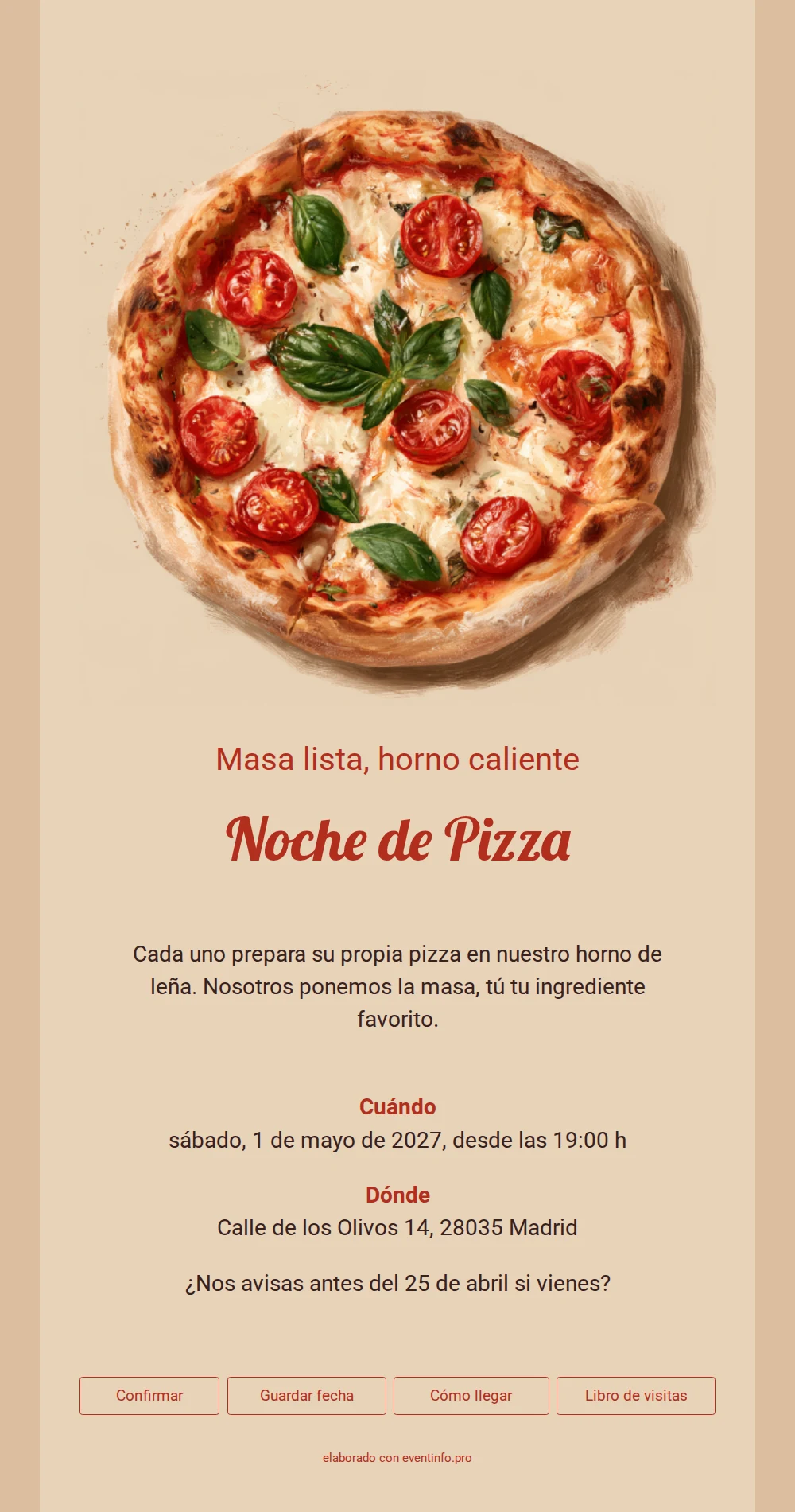 Invitación noche de pizza con título rojo &ndash; example 1