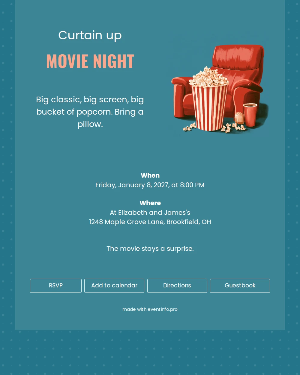 Send a salmon pink movie night invitation &ndash; example 1