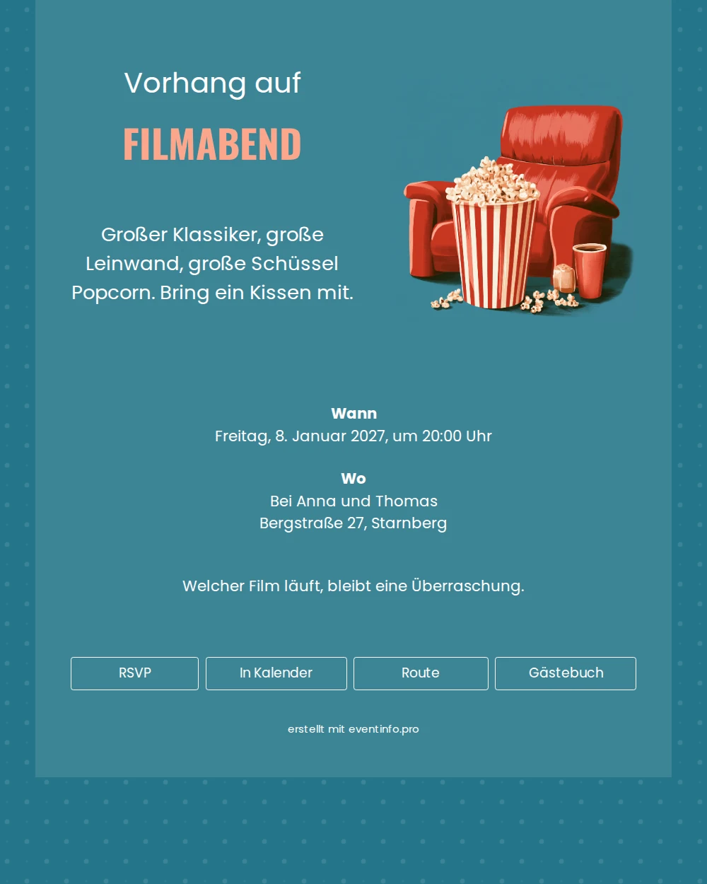 Filmabend-Einladung mit rosa Überschrift und Punkten &ndash; example 1