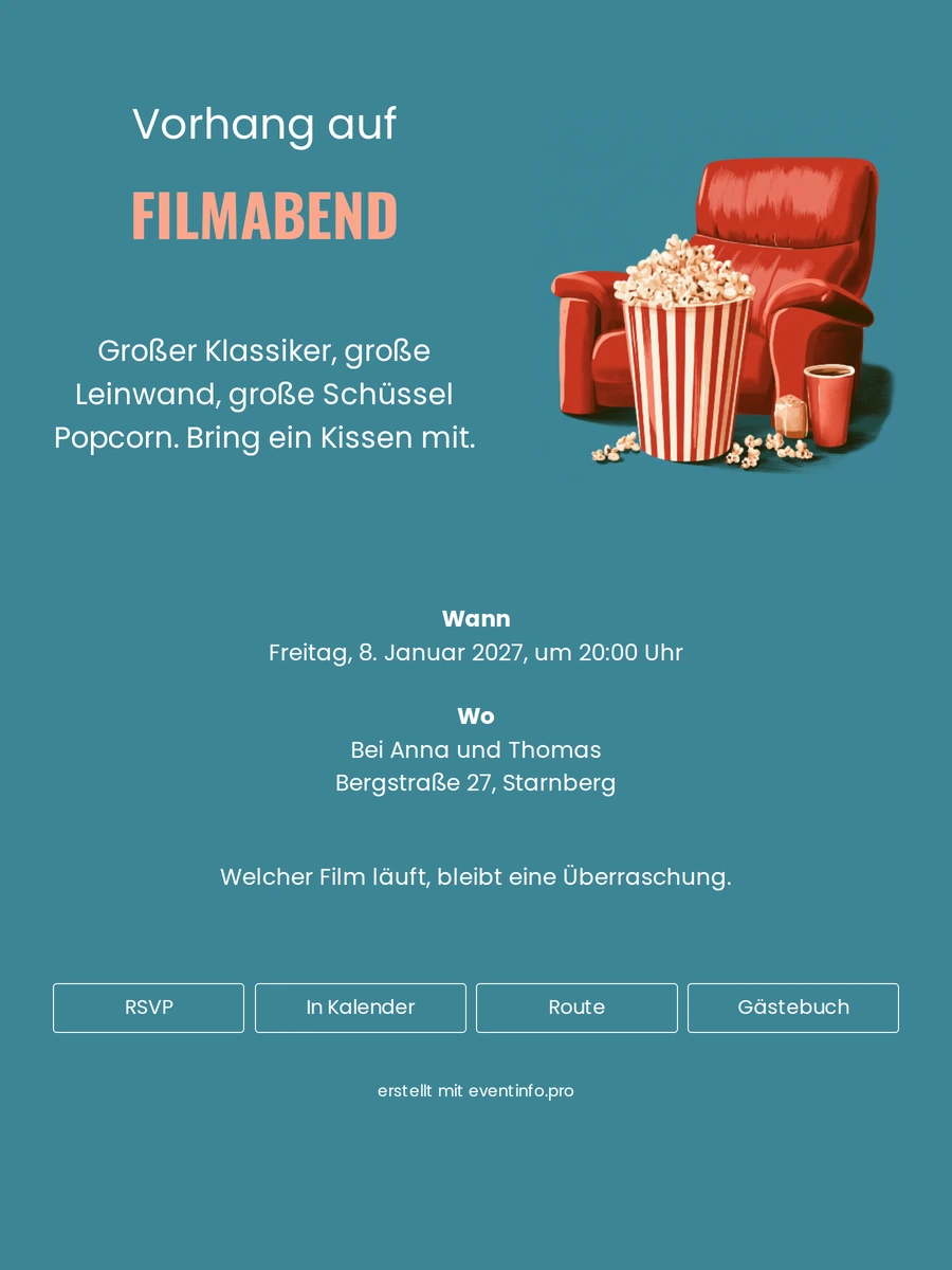 Filmabend-Einladung mit rosa Überschrift und Punkten