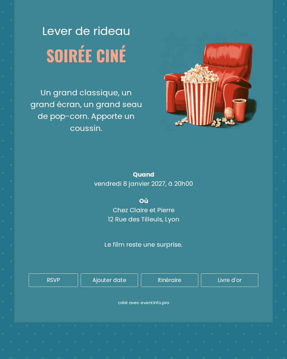 Invitation soirée ciné avec titre rose saumon &ndash; example 1