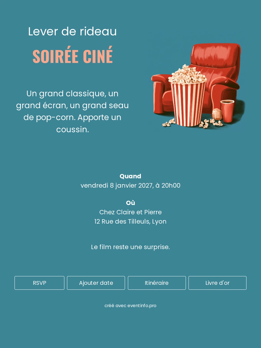 Invitation soirée ciné avec titre rose saumon